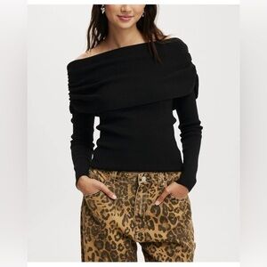 🆕 Y2K Ribbed Knit Off-Shoulder Long Sleeve Top Sexy Ruched Pullover